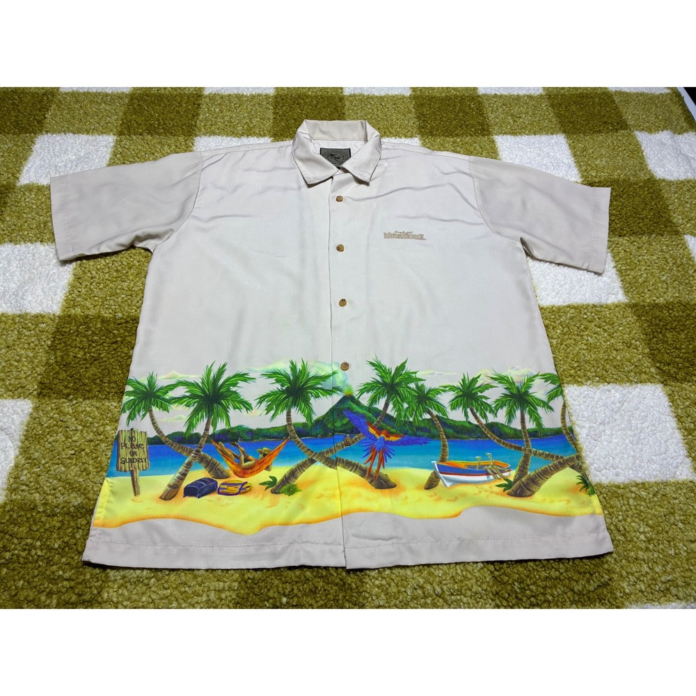 Jimmy Buffett Margaritaville Mens Large Tan Tropical Beach Camp Shirt 100% Poly